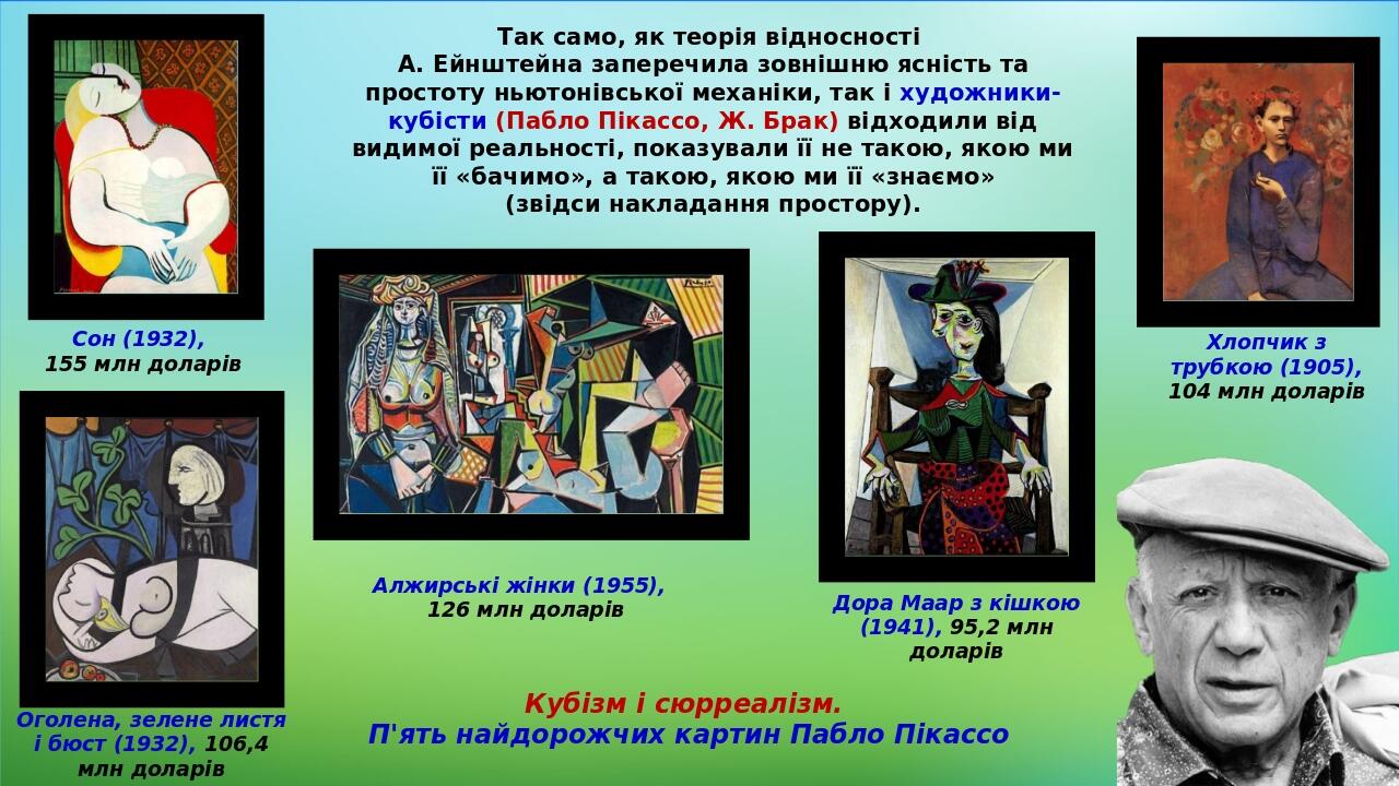Так само, як теорія відносності А. Ейнштейна заперечила зовнішню ясність та простоту ньютонівської механіки, так і художники-кубісти (Пабло Пікассо...