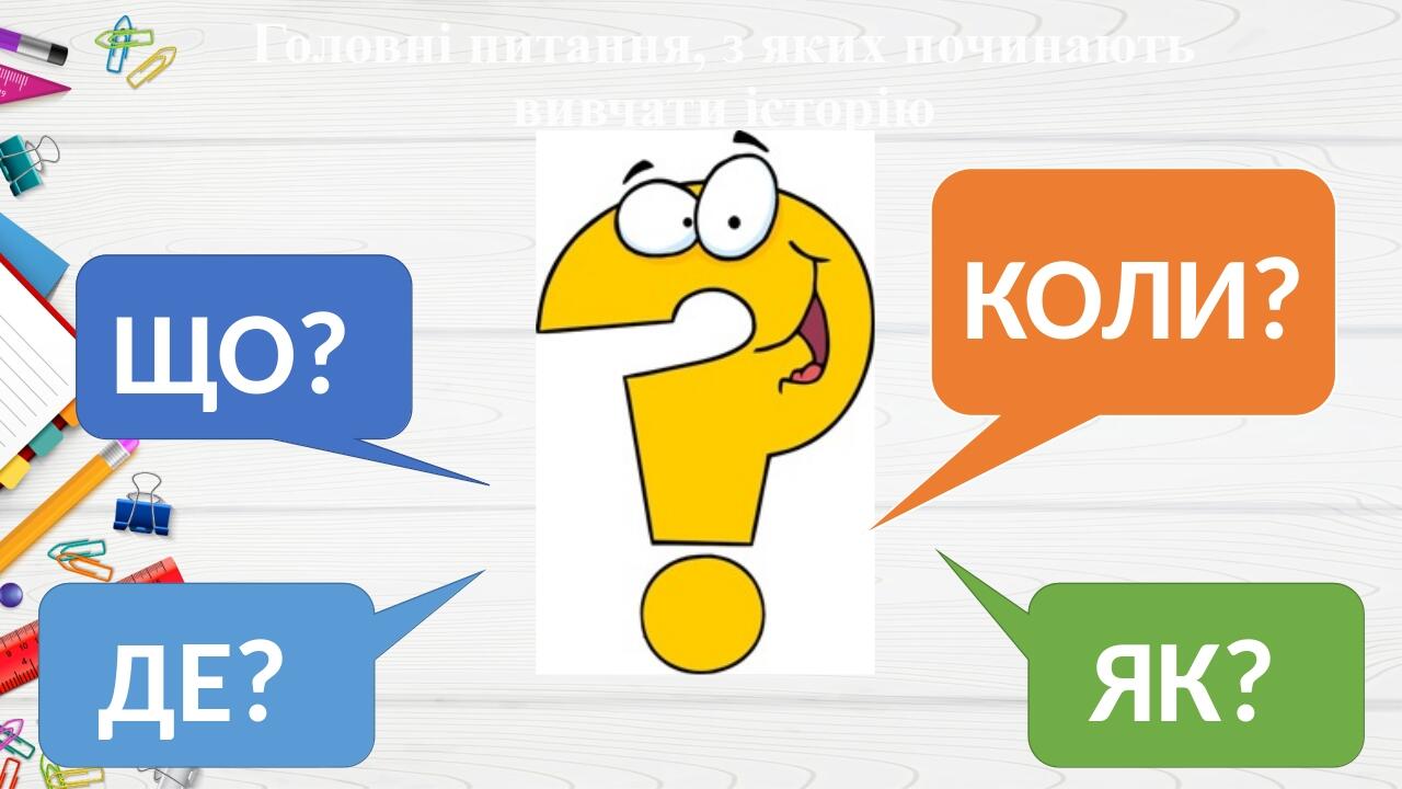 Головні питання, з яких починають вивчати історію ЩО? ДЕ? КОЛИ? ЯК?