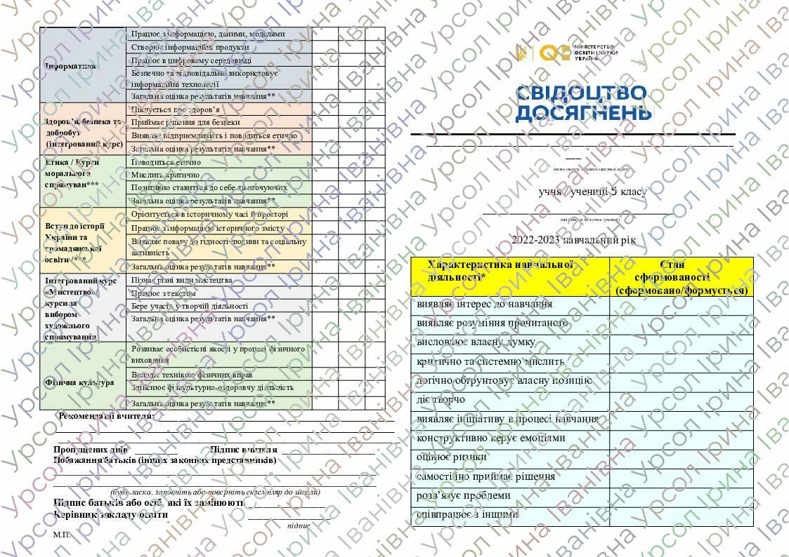 Свідоцтво досягнень 5 клас НУШ 2022-2023 н.р. (з можливістю редагування ...