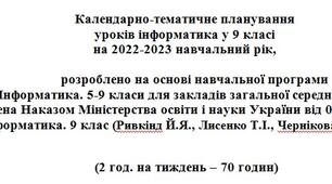 Календарно-тематичне планування. Інформатика. 9 клас (Ривкінд)