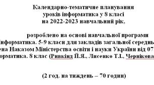 Календарно-тематичне планування. Інформатика. 8 клас (Ривкінд)