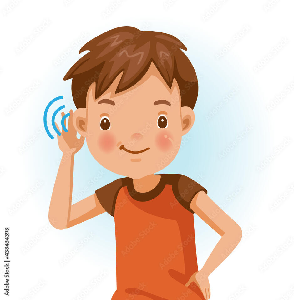 Boy listening. Positive emotions, smiling. Cartoon character vector illustration isolated on white background. Векторный объект Stock | Adobe Stock