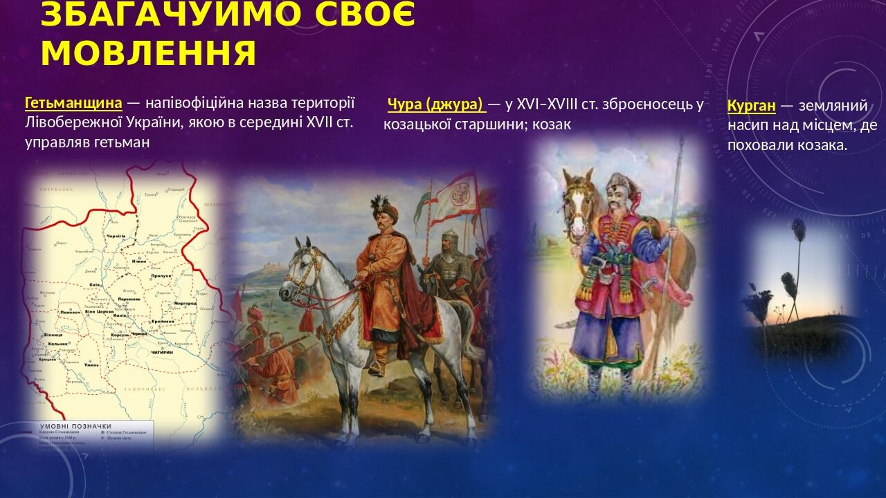 Збагачуймо своє мовлення Гетьманщина — напівофіційна назва території Лівобережної України, якою в середині ХVІІ ст. управляв гетьман Чура (джура) —...