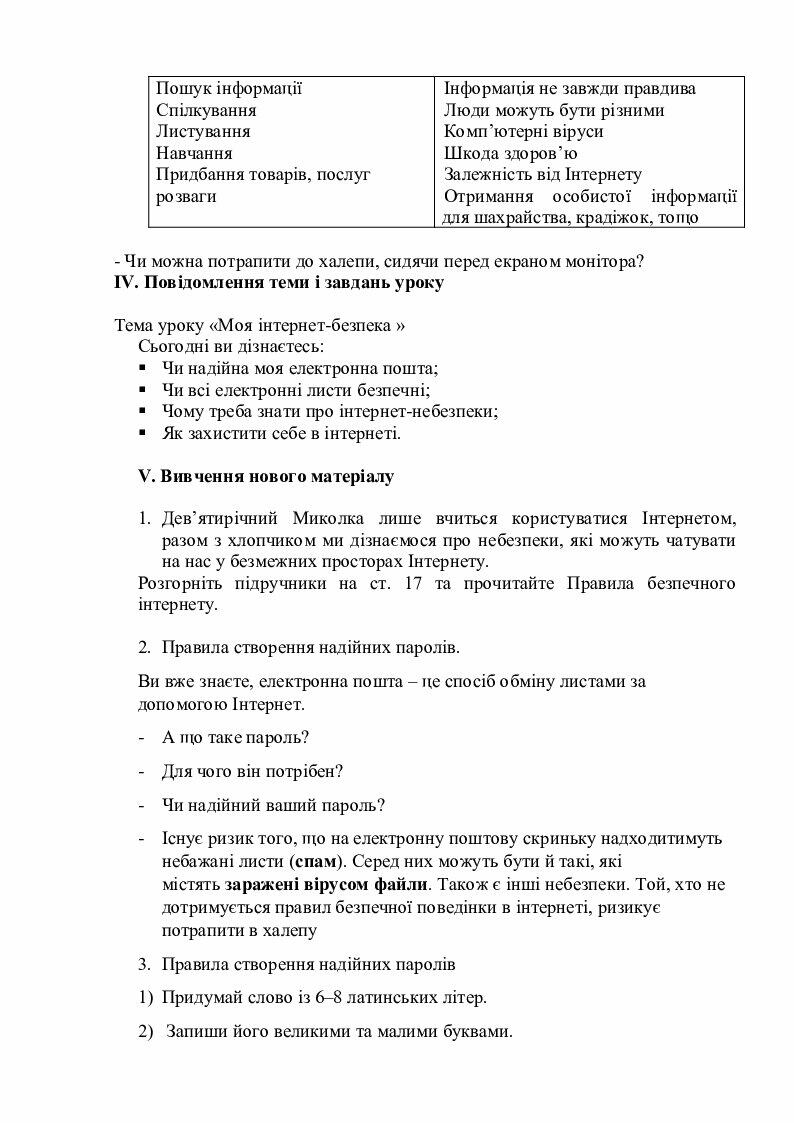 Урок інформатики 4 клас за підручником Л.Козак "Моя інтернет безпека ...