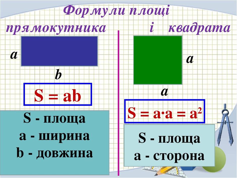 Площа прямокутника та квадрата (для дітей з особливими потребами) | Тест з математики – «На Урок»