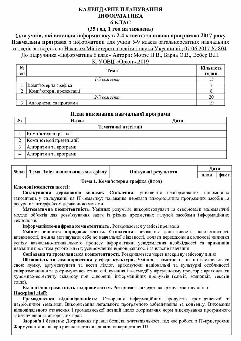 КАЛЕНДАРНЕ ПЛАНУВАННЯ ІНФОРМАТИКА 6 КЛАС | . Інформатика