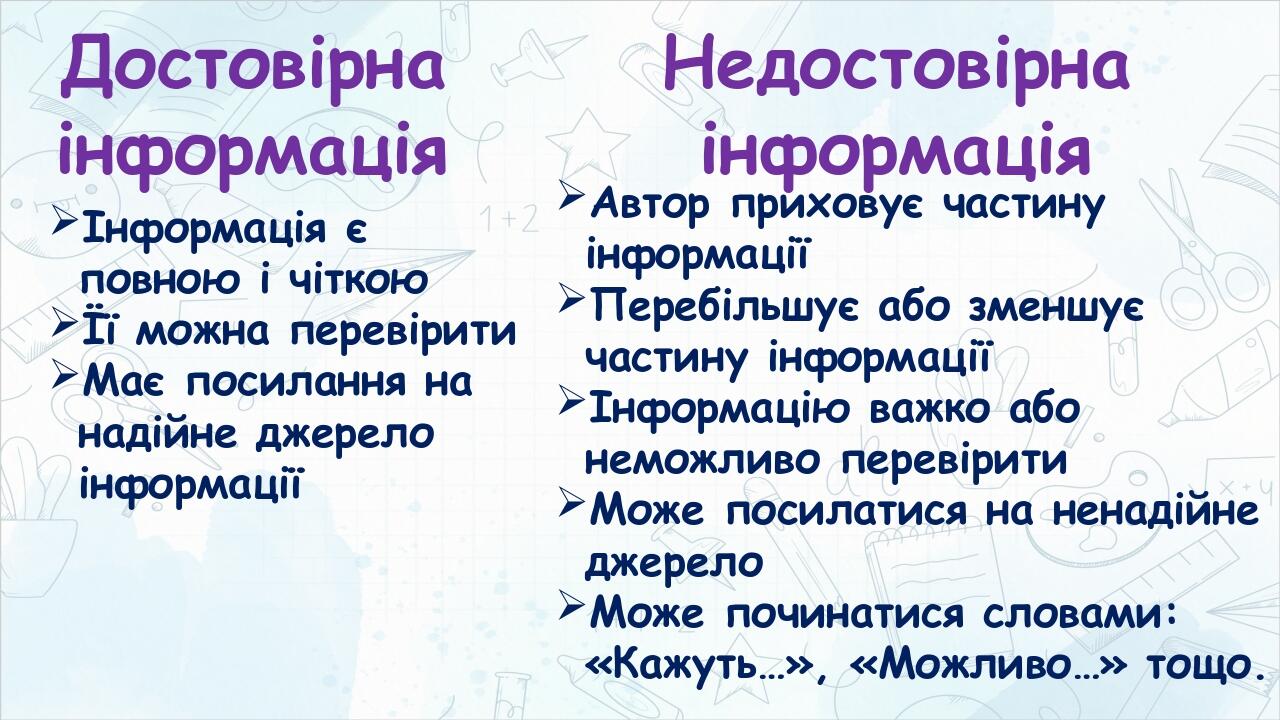 Достовірна інформація Недостовірна інформація Інформація є повною і чіткою Її можна перевірити Має посилання на надійне джерело інформації Автор пр...