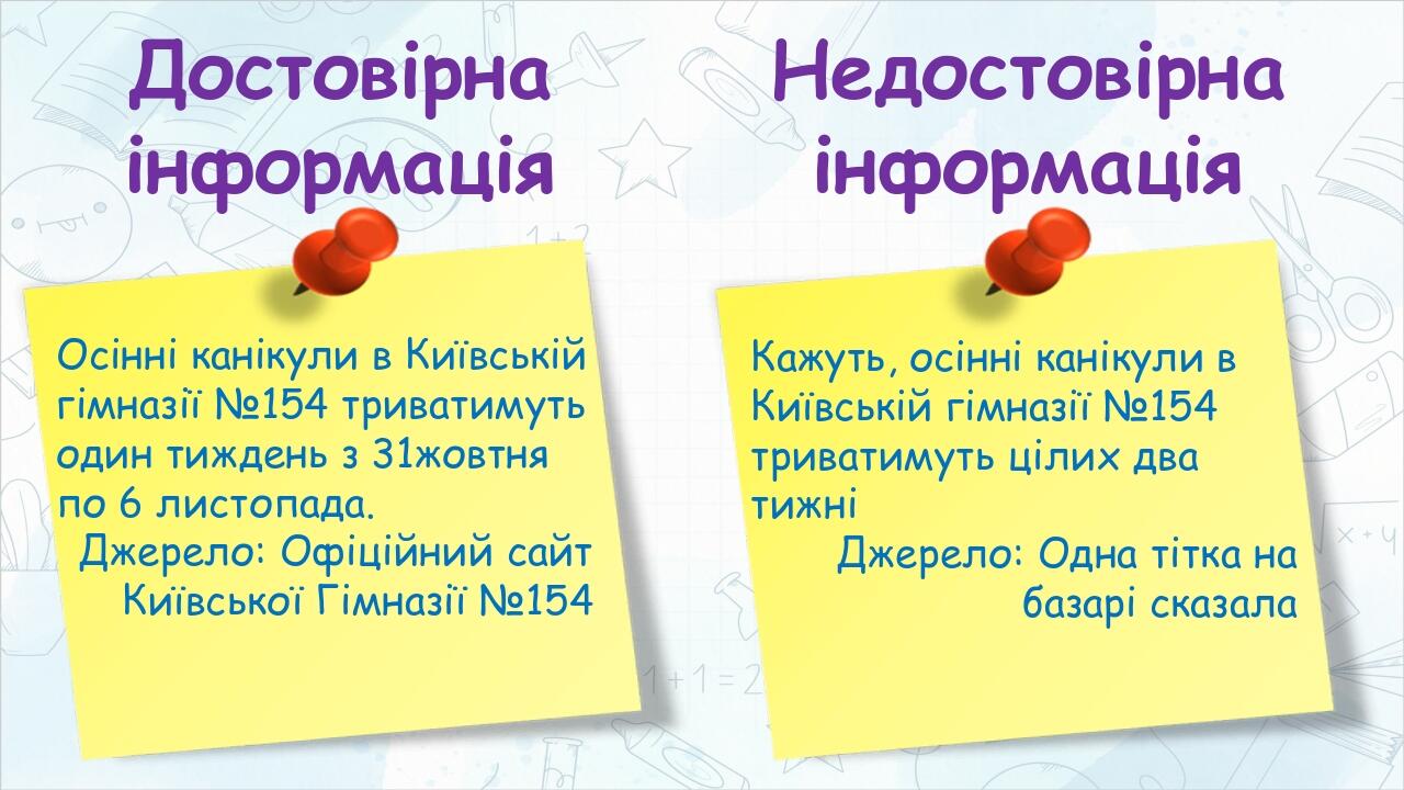 Достовірна інформація Недостовірна інформація Осінні канікули в Київській гімназії №154 триватимуть один тиждень з 31жовтня по 6 листопада. Джерело...