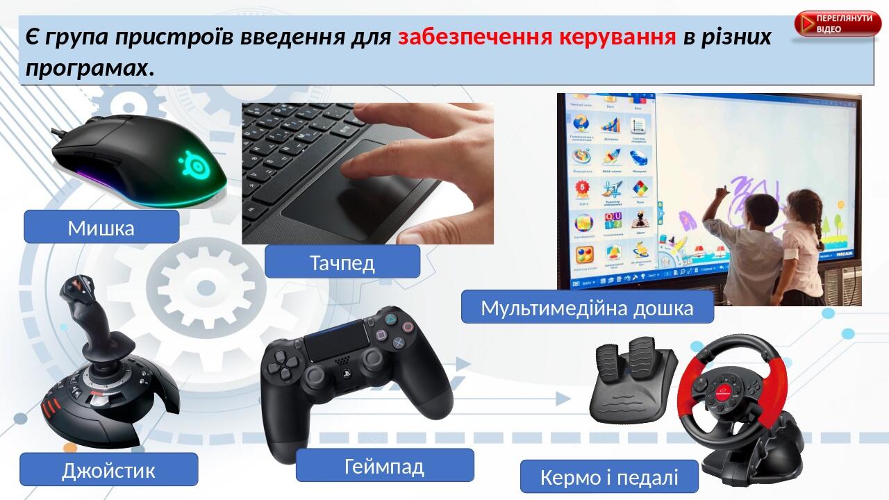 Є група пристроїв введення для забезпечення керування в різних програмах. Тачпед Кермо і педалі Мишка Джойстик Геймпад Мультимедійна дошка