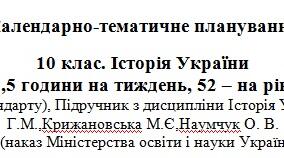 Календарне планування.  Історія України 10 клас (Хлібовська, Бурнейко)