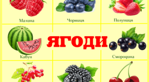 Плакати "Фрукти", "Ягоди" для дітей дошкільного віку та дітей початкових класів.