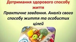 Презентація "Дотримання здорового способу життя.Практичне завдання. Аналіз свого способу життя та особистих  цілей " до оновленої програми для 9 класу з основ здоров'я