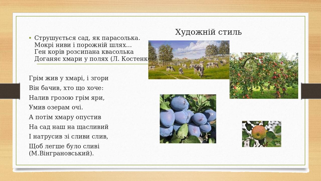 Художній стиль Струшується сад, як парасолька. Мокрі ниви і порожній шлях… Ген корів розсипана квасолька Доганяє хмари у полях (Л. Костенко). Грім ...