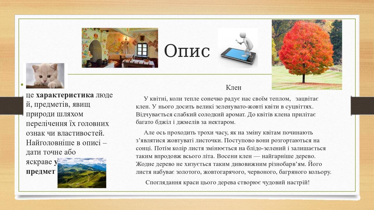 Опис Опис – це характеристика людей, предметів, явищ природи шляхом перелічення їх головних ознак чи властивостей. Найголовніше в описі – дати точн...