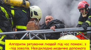 Презентація:Алгоритм рятування людей під час пожежі, з-під завалів. Невідкладна медична допомога при опіках, отруєнні чадним газом.